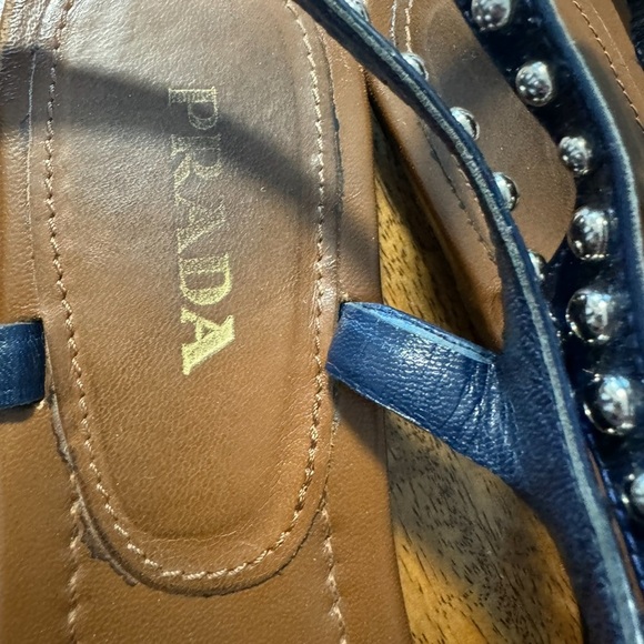 PRADA Blue Patent Leather & Brown Leather Tassel & Studded T-Strap Sandals 39 - Picture 3 of 9